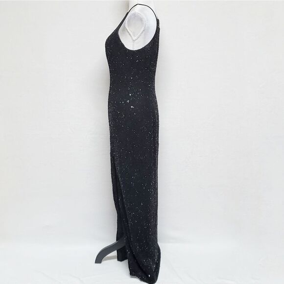 VINTAGE Marina B Black Sequin Beaded Side Slit Sleeveless Formal Maxi Dress 14 - Picture 8 of 16